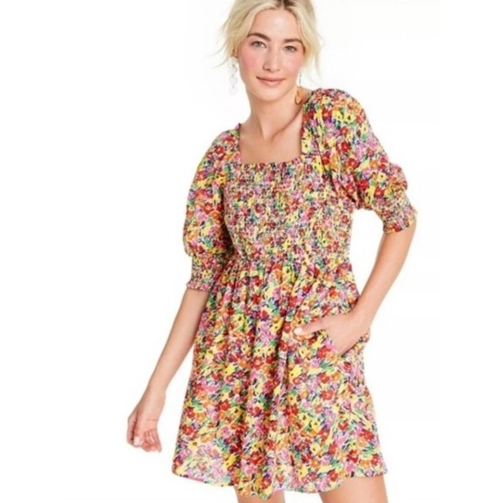 RIXO for Target Cottagecore‎ Floral Smocked Mini Dress Multi Color Puff Sleeve